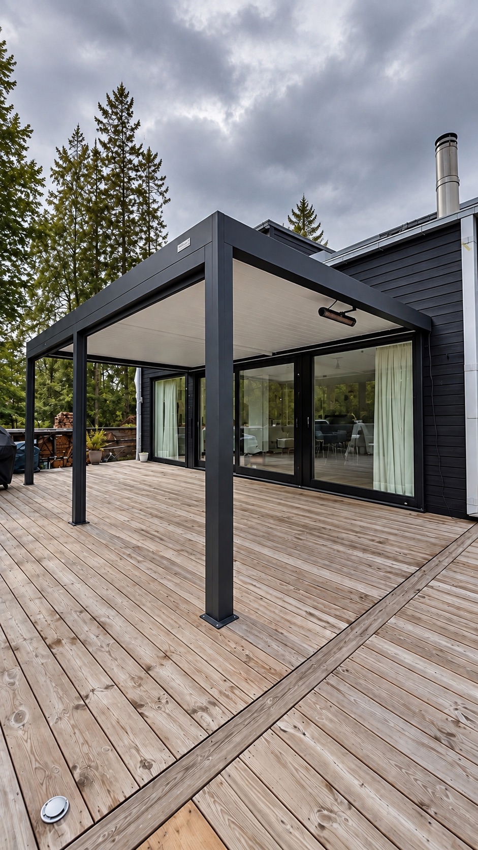 Fristående PERGOLUX pergola monterad på trädäck vid villa